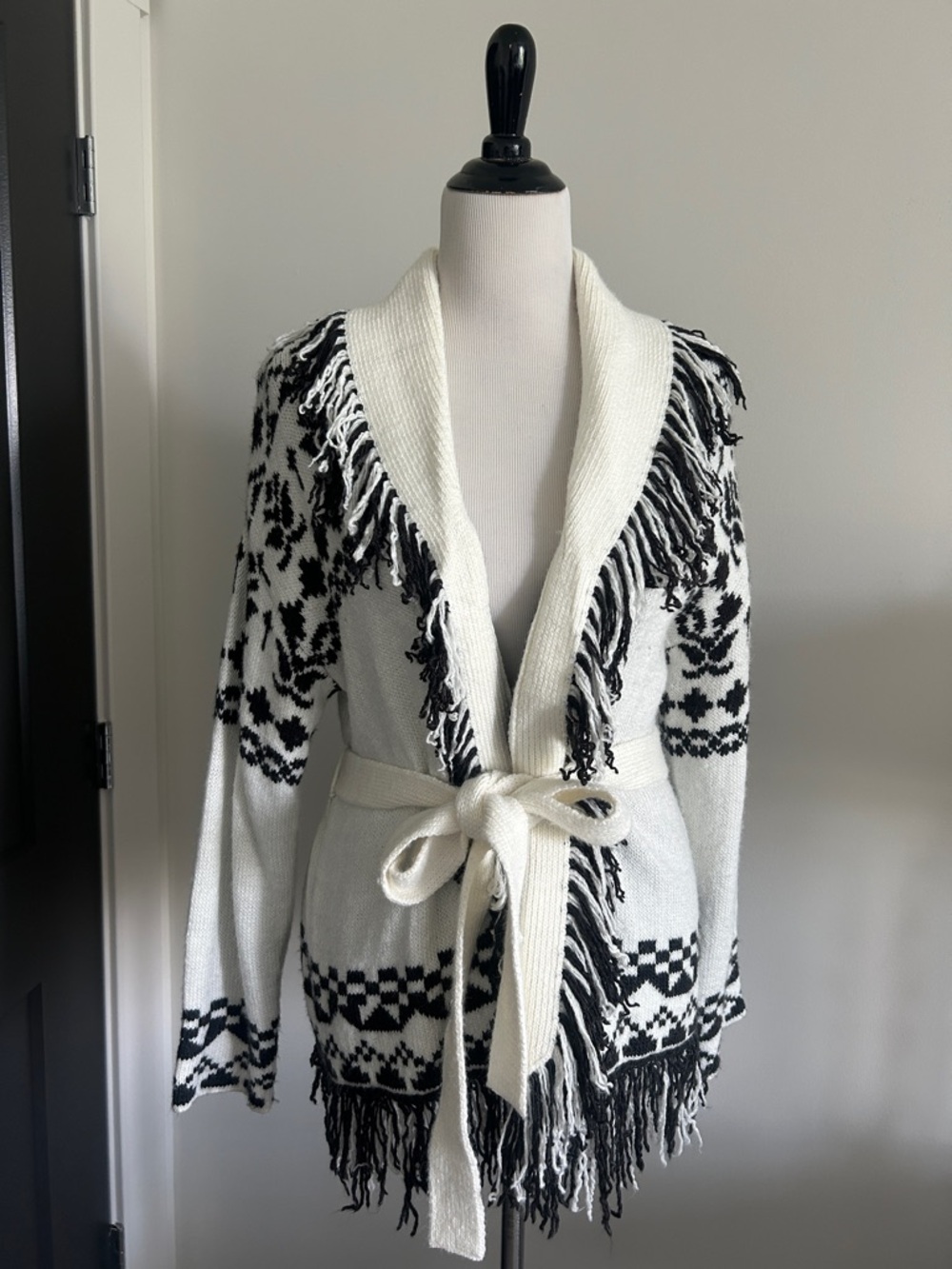 Blu pepper S Black off White Patterned cardigan fringe tie Sweater